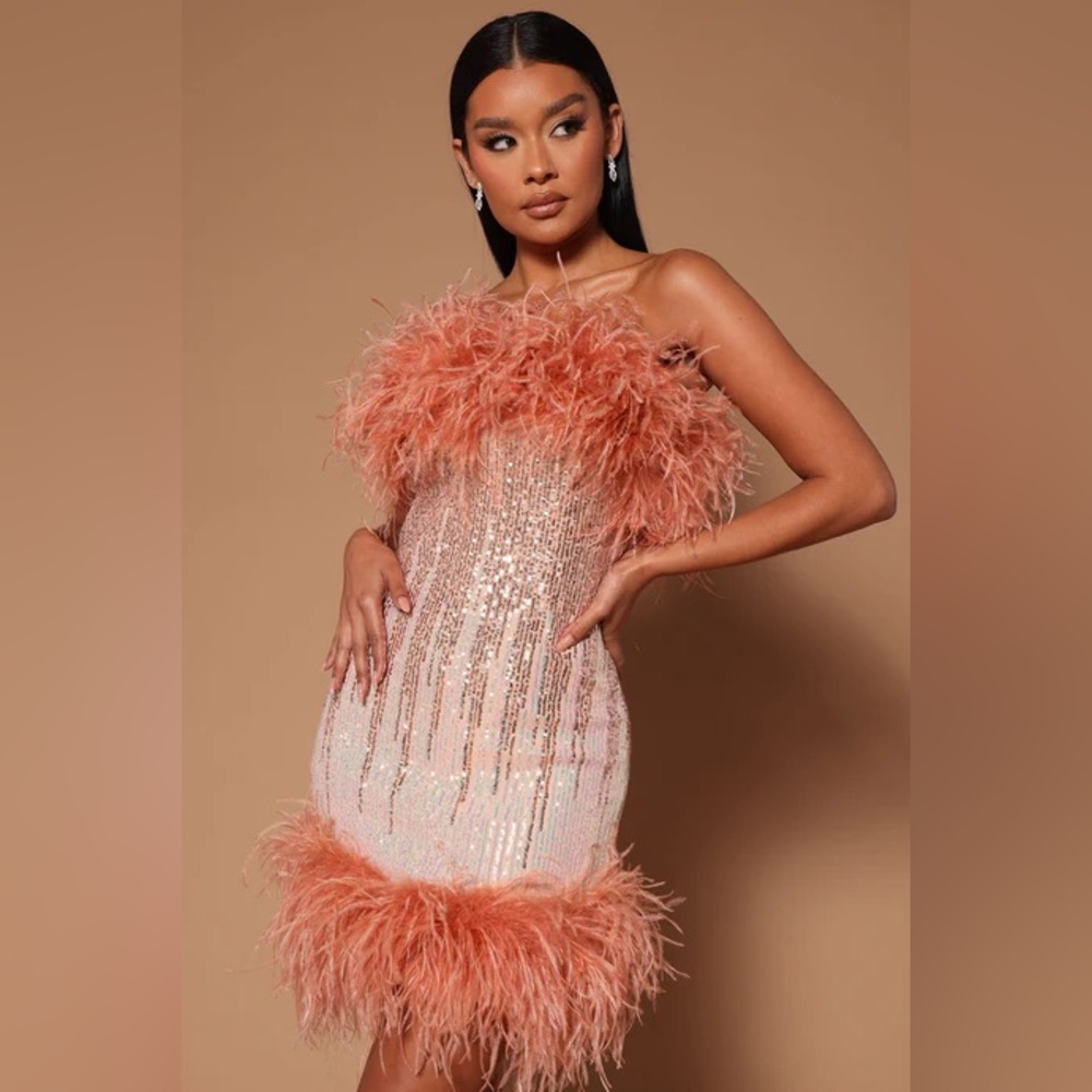 Nova Luxe Delia Feather Sequin Mini Dress - Pink/Nude